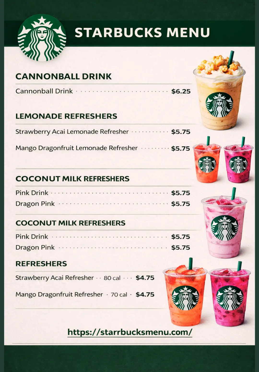 Starbucks Refreshers Menu With Calories, Prices, & Sizes 3 Starbucks Refreshers Menu Card