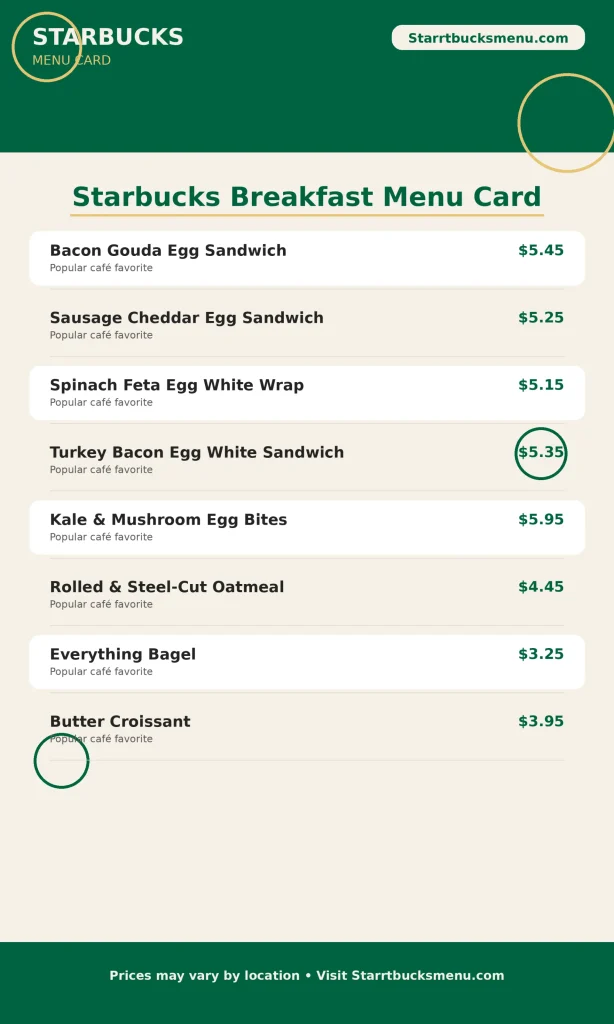 Starbucks Breakfast menu Card