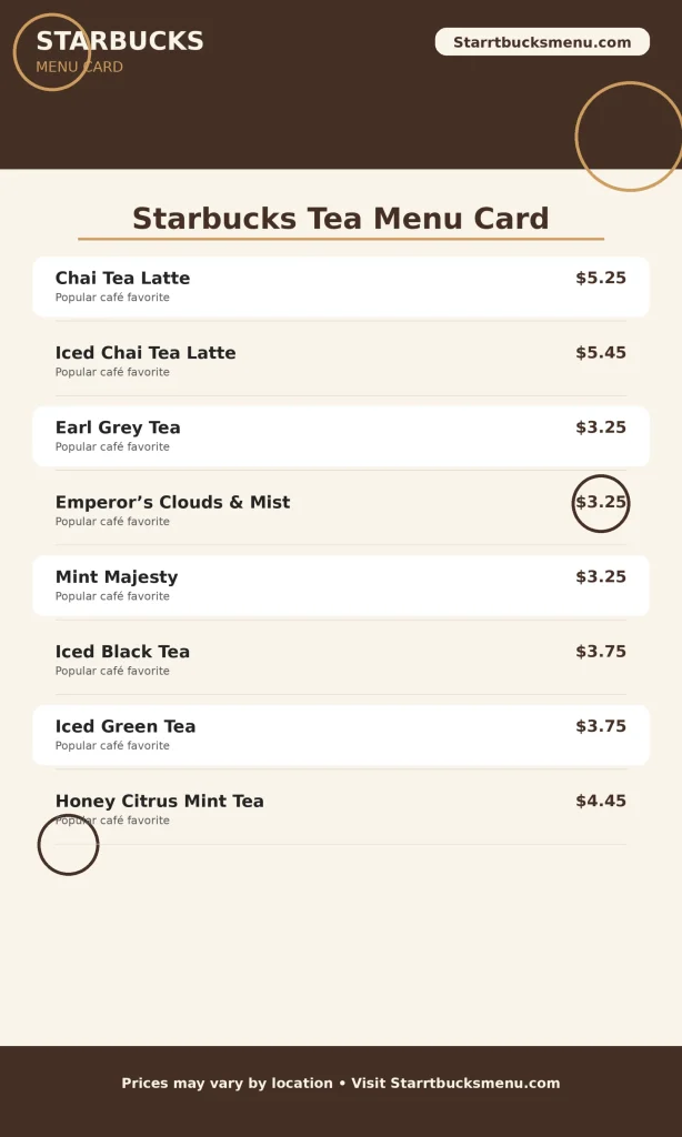 starbucks tea menu card